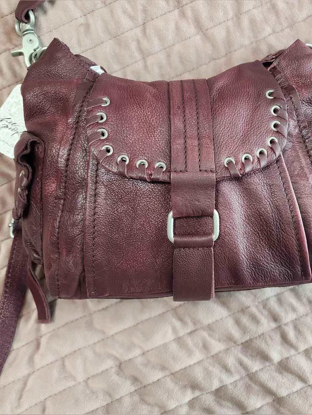 Free People We The Free 'Baby Leigh' Distressed Tote Bag - Blackberry